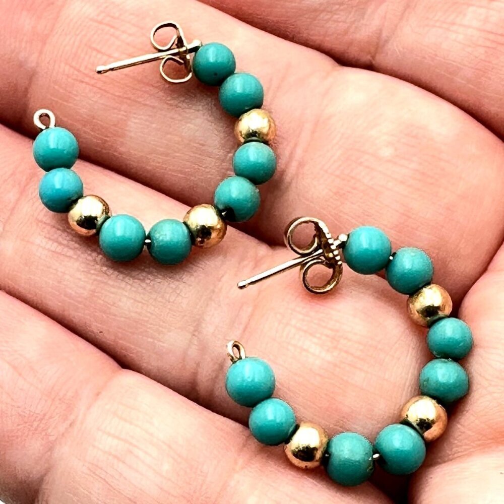 Womens Earrings 14k Yellow Gold 1 Inch Turquoise Hoops Pierced